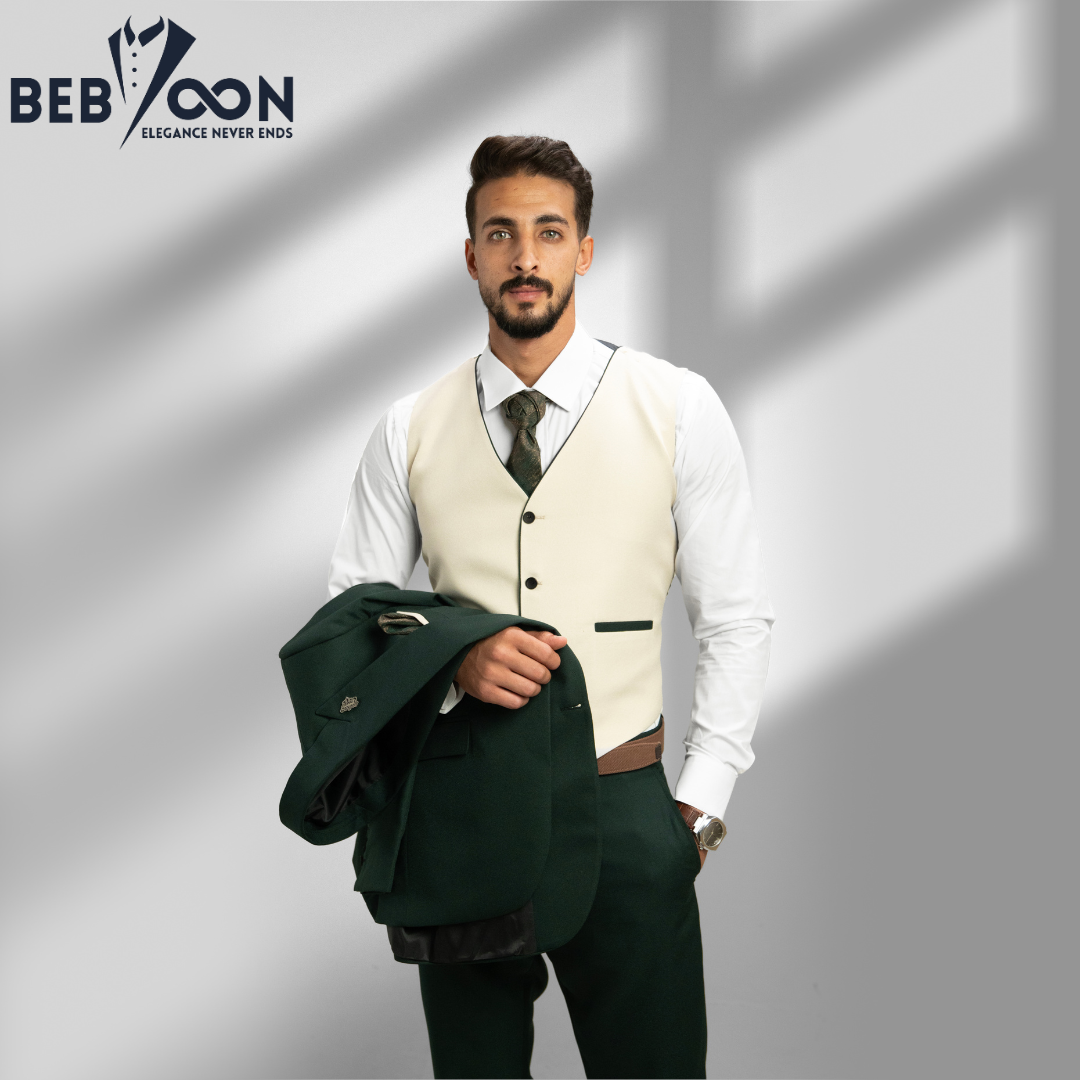 Olive Formal Suit with Plain Beige Waistcoat