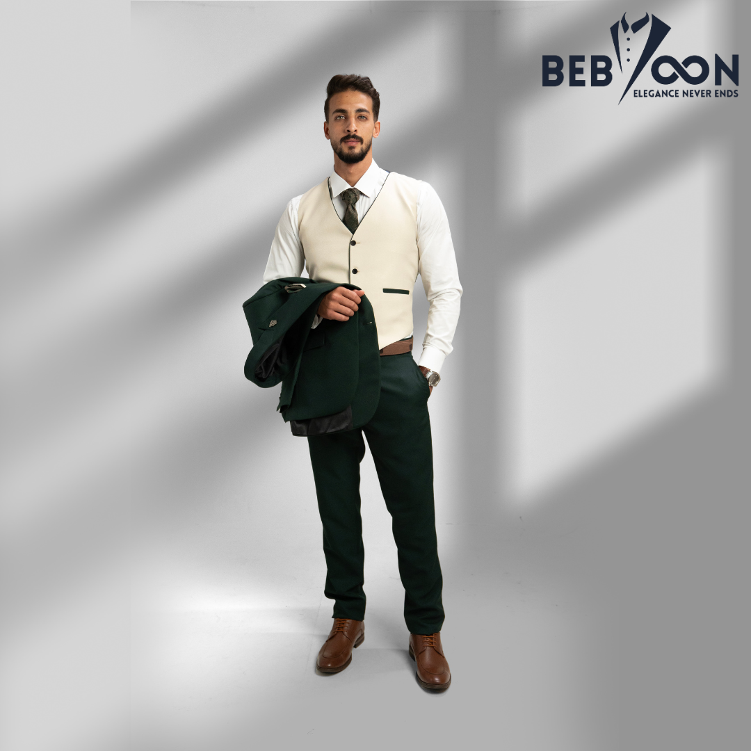 Olive Formal Suit with Plain Beige Waistcoat